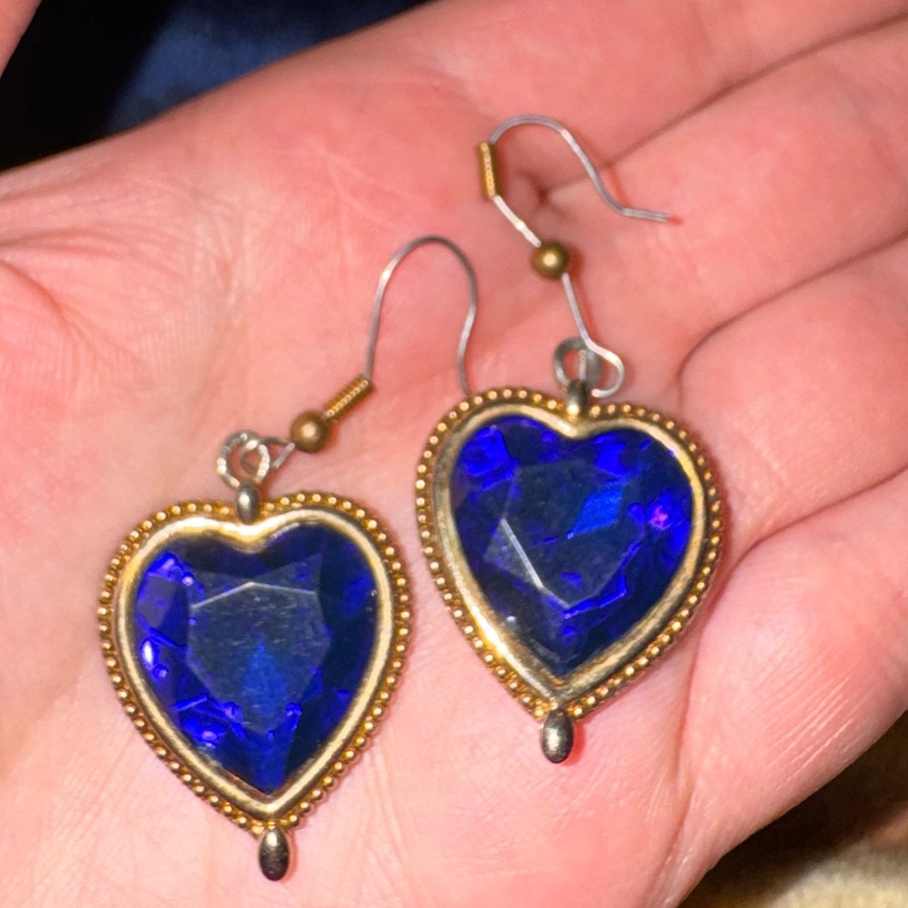 3/$30 JJ Heart-Shaped Blue and Gold Earrings